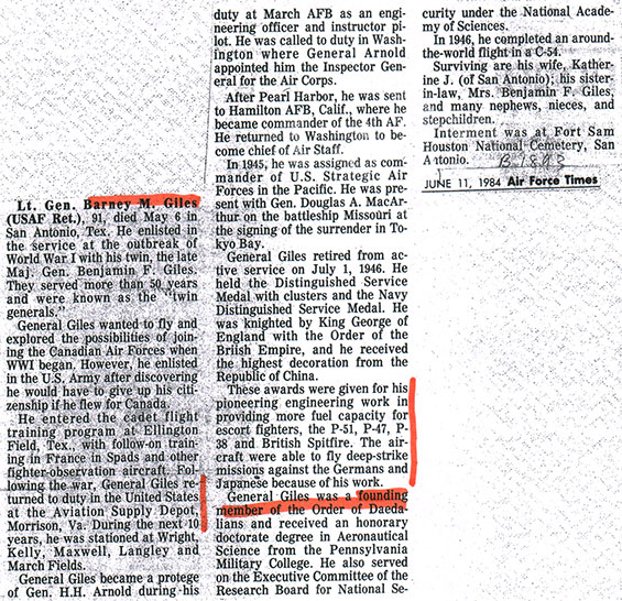 B.M. Giles Obituary, Air Force Times, June 11, 1984 (Source: NASM)