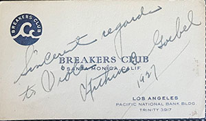 Autographed Calling Card, 1927 (Source: HAPS)