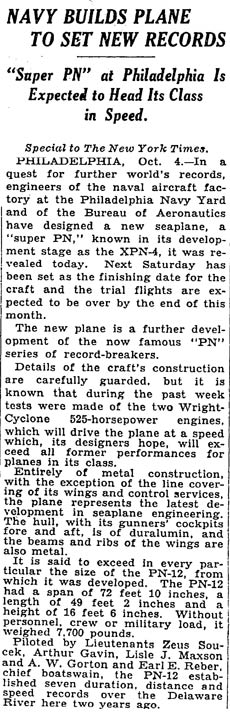 NAF XPN-4, New York Times, October 5, 1930 (Source: Webmaster) 