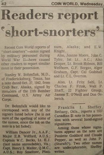 News Article, "Short-Snorter", Date Unknown