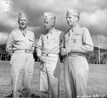 L-R Delos Emmons, J Lawton Collins and Willis Hale, after Hale and Collins received DSM in 1942. (Source: Nelson)