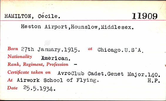 Cecile Hamilton, Pilot Training Record, May 25, 1934 (Source: ancestry.com) 