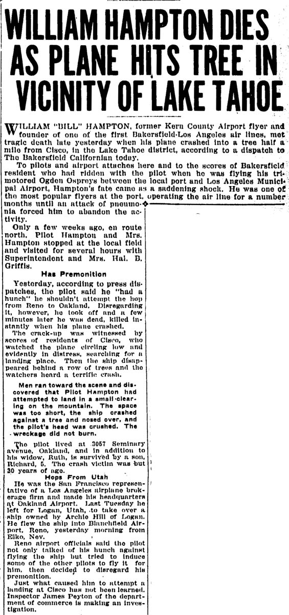 Hampton Crash News, Bakersfield Californian, October 29, 1932 (Source: Gerow)