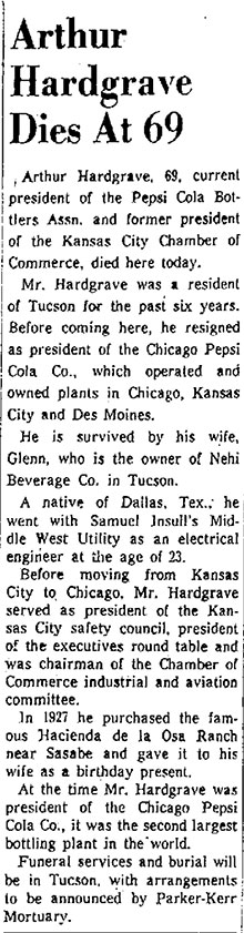 Arthur Hardgrave, Obituary, Tucson Daily Citizen, October 3, 1958 (Source: Woodling)
