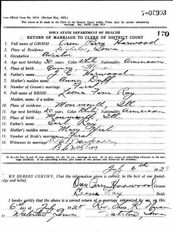 Ray/Harwood Marriage Certificate, July 6, 1928 (Source: ancestry.com)