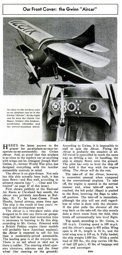 Gwinn Aircar, Popular Aviation, November, 1937 (Source: PA)