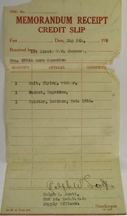 Quartermaster Receipt for Flying Equipment, May 5, 1919 (Source: Bolle)