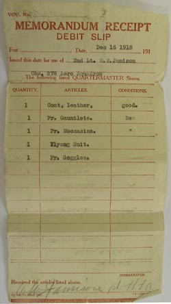 Quartermaster Receipt for Flying Clothing, December 16, 1918 (Source: Bolle)