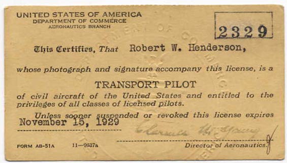 R.W. Henderson, Transport Pilot License, 1929 (Source: Careaga)