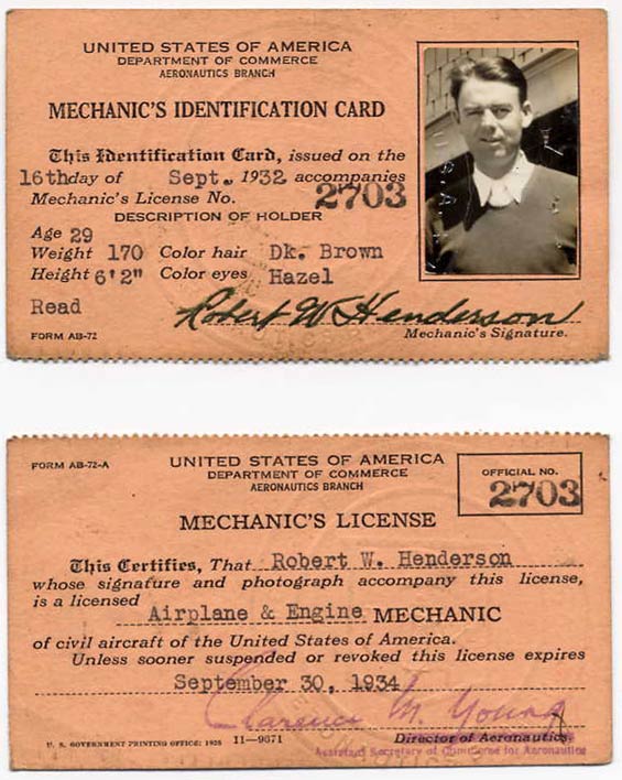 R.W. Henderson, Mechanic's Identification, 1932/34 (Source: Careaga)