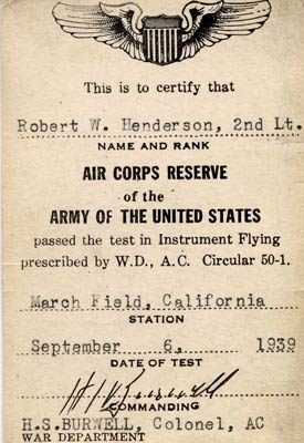 R.W. Henderson, Instrument Certification, September, 1939 (Source: Careaga)