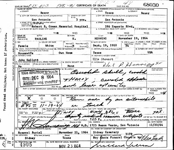 Polly Henning, Death Certificate, November 19, 1964 (Source: ancestry.com)