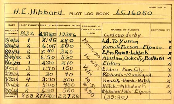 H.E. Hibbard, Pilot Log, 1932 (Source: Hibbard)