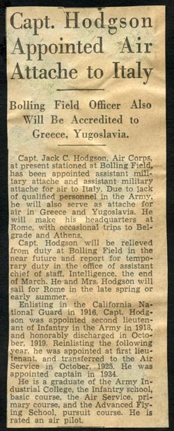 1937 Newspaper Article Describing Capt. Hodgson’s Appointment As Air Attaché In Rome (Source: Hodgson Family via Woodling)