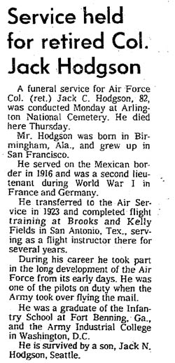 Jack C. Hodgson, Obituary, The Seattle Times, January 10, 1979 (Source: Woodling)