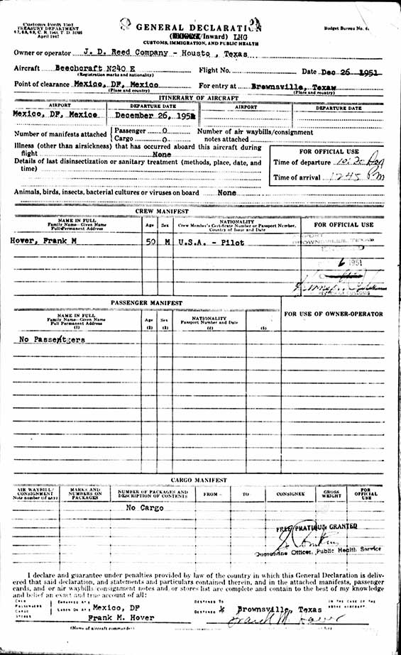 Immigration Form, December 26, 1951 (Source: ancestry.com)