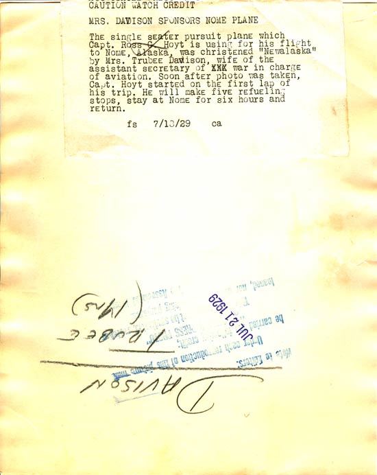 Data for Mrs. Trubee Davison and Ross Hoyt, July 13, 1929 