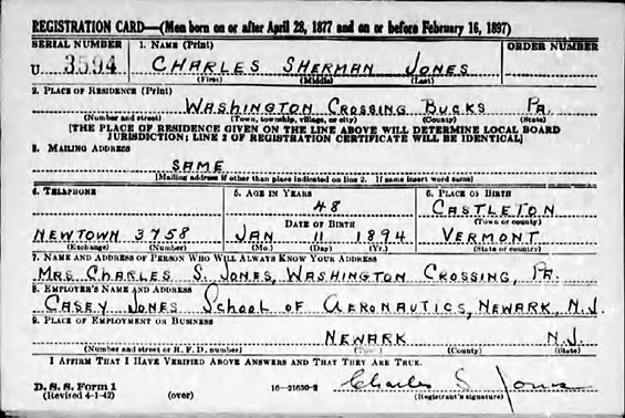 Casey Jones WWII Draft Registration, August 29, 1942 (Source: Woodling)