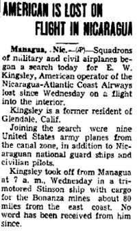 E.W. Kingsley Lost on Flight, Unsourced News Article, January, 1937 (Source: Woodling)