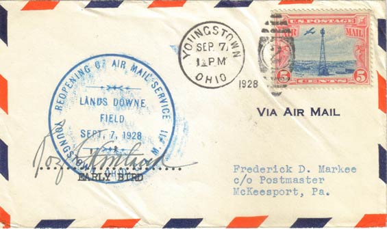 U.S. Postal Cachet, Youngstown, OH, September 7, 1928 (Source: Staines)