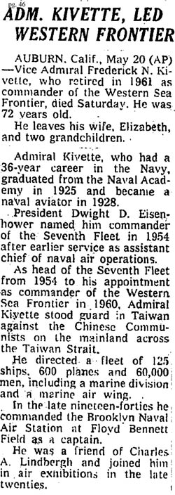 F.N. Kivette Obituary, The New York TImes, May 21, 1975 (Source: NYT)