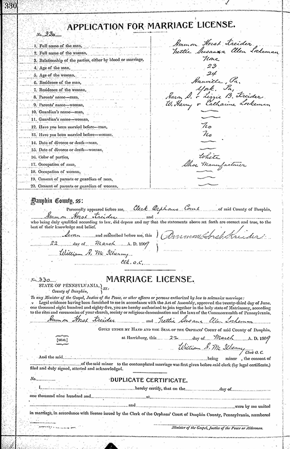 Kreider-Lockeman Marriage Certificate, March 22, 1909 (Source: ancestry.com)