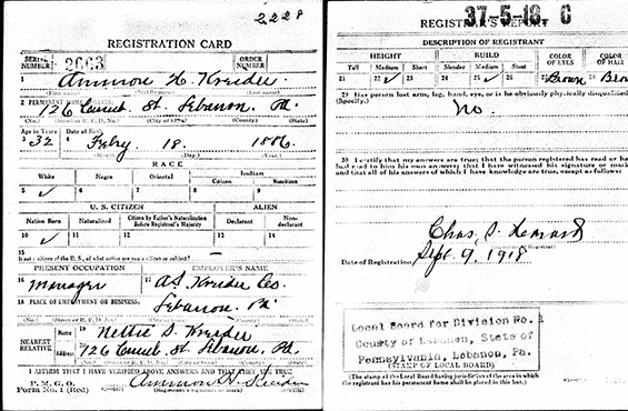 A.H. Kreider, Draft Registration Card, September 9, 1918 (Source: ancestry.com) 