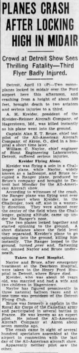 Kreider Obituary, Muncie Sunday Star (IN), April 14, 1929 (Source: Site Visitor)
