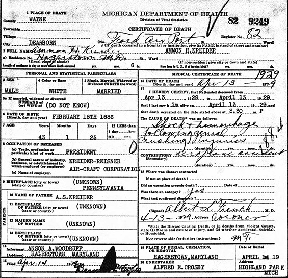 A.H. Kreider, Death Certificate, April 13, 1929 (Source: ancestry.com)