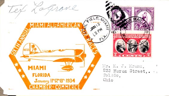 Tex Lagrone, U.S. Postal Cachet, January 12, 1934 (Source: Kranz)