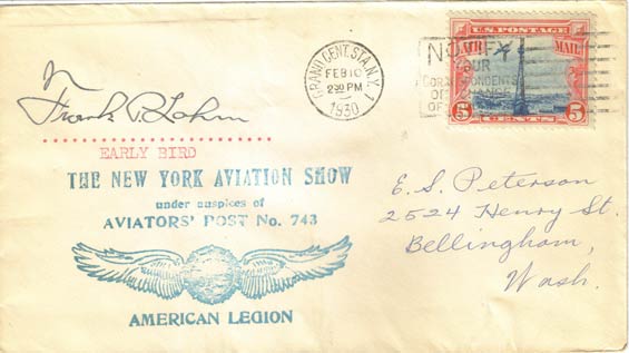 U.S. Postal Cachet, February 10, 1930 (Source: Staines)