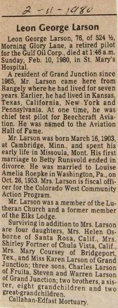 L.G. Larson Obituary, Dated February 11, 1980