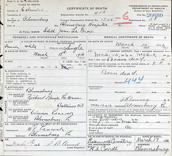 Death Certificate, Edith Jean Le Brou, March 15, 1916 (Source: ancestry.com)