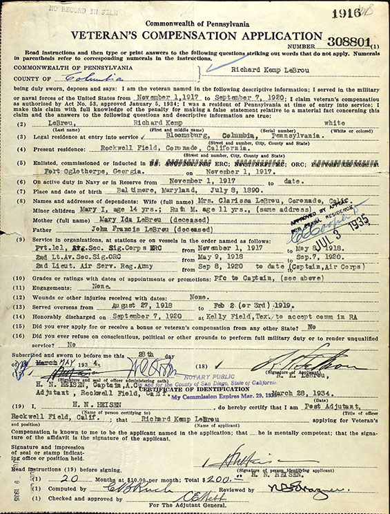 Veteran's Compensation Application, March 28, 1934 (Source: ancestry.com)