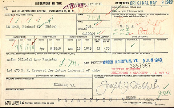R.K. Le Brou Arlington Interment Record, April 13, 1949 (Source: ancestry.com)