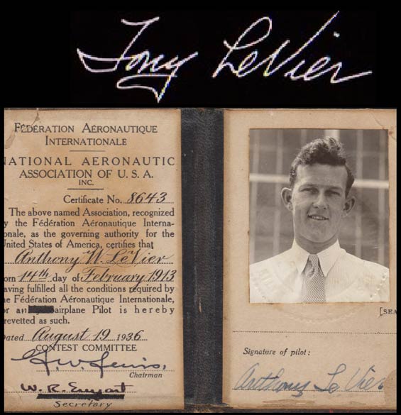LeVier's FAI License, August 19, 1936 (Source: Logan)