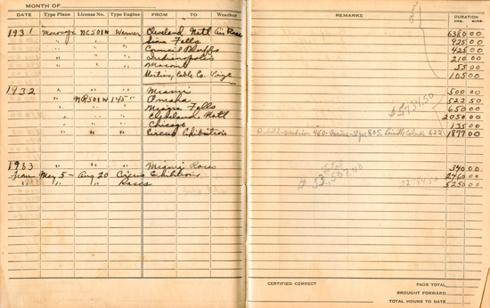 Earnings Page from 1929-1942 Pilot Log Book 