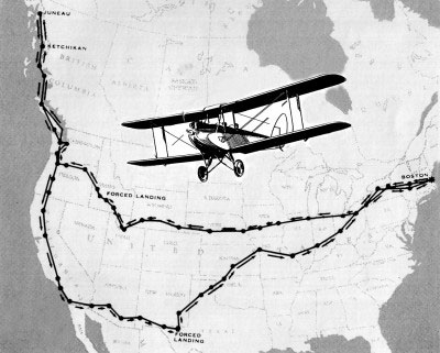 Route of the Gipsy Moth, “Flit,” on Lombard and Blodgett’s 1930 flight across the United States to Alaska.