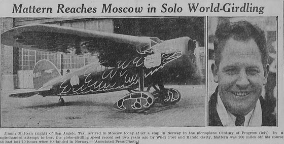 Unsourced News Article, Mattern in Moscow, Ca. 1933 (Source: NASM)