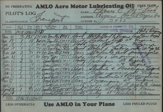 Pilot Log Page Recording Acceptance Testing of Travel Air NC8849, April 1, 1929