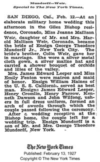 Mundorff-Weir Wedding, The New York Times, February 13, 1927 (Source: NYT)
