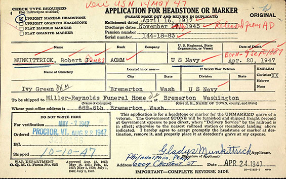 R.J. Munkittrick, Application for Military Grave Marker, April, 1947 (Source: ancestry.com)