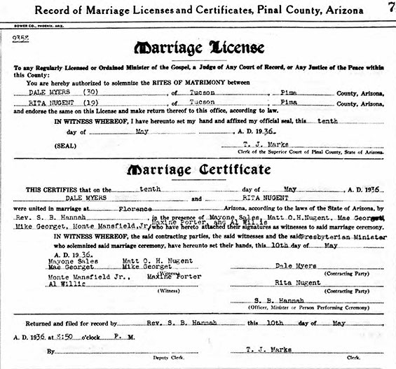 Myers/Nugent Marriage Certificate, May 10, 1936 (Source: ancestry.com)