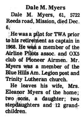 Dale M. Myers Obituary, December 9, 1970 (Source: Woodling)