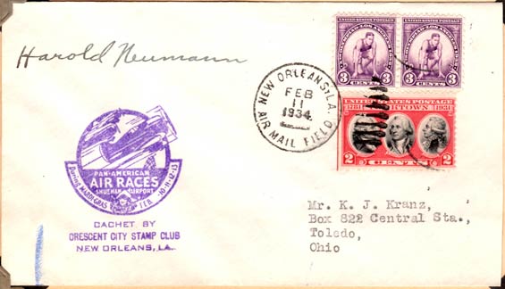 U.S. Postal Cachet Signed by Harold Neumann, Dated February 11, 1934 (Source: Kranz)