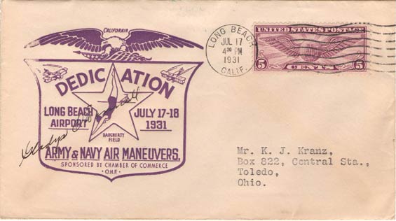 U.S. Postal Cachet, Long Beach, CA, July 17, 1931 (Source: Kranz)