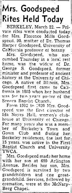Florence Goodspeed Obituary, Oakland Tribune, March 22, 1952 (Source: Woodling)