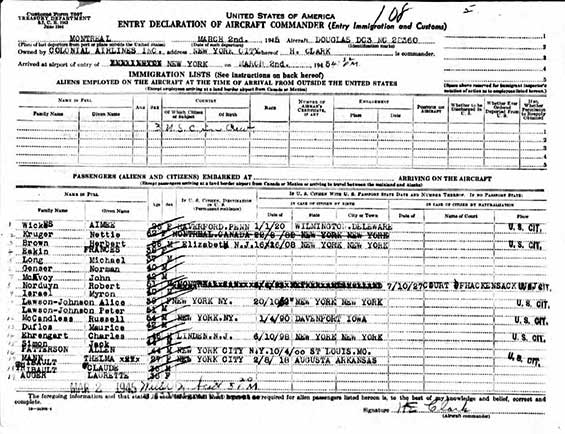 Immigration Form, March 2, 1945 (Source: ancestry.com)