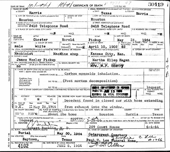 Chester H. Pickup, Death Certificate, May 28, 1964 (Source: ancestry.com)