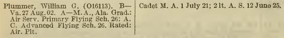 Plummer's Military Record as of 1929 (Source: Woodling)